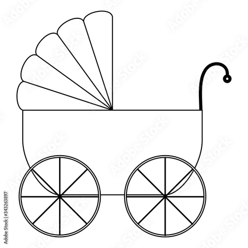 Baby carriage outline icon. Stroller vector illustration isolated on white. Coloring book page for children.