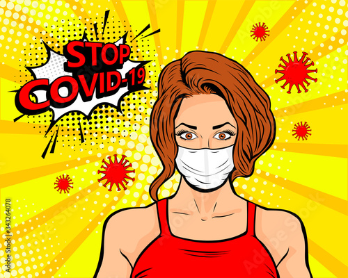 Girl in a protective mask. Protection against viruses of coronavirus, bacteria, smog, COVID-19. Pop art retro comic book style vector illustration.