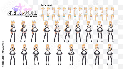Sprite full length character for game visual novel. Anime manga girl, Cartoon character in Japanese style. Costume of maid cafe. Set of emotions