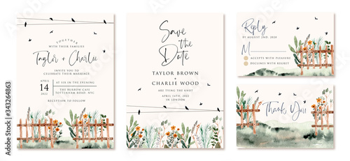 wedding invitation set with garden fence watercolor