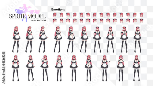 Sprite full length character for game visual novel. Anime manga girl, Cartoon character in Japanese style. Costume of maid cafe. Set of emotions