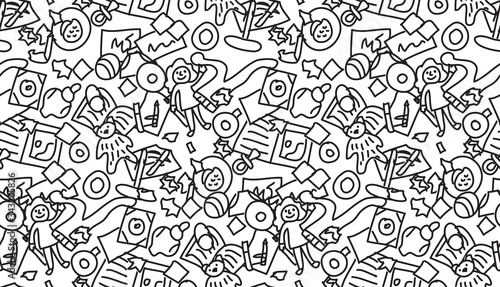 Floor with children toys mess seamless pattern black and white