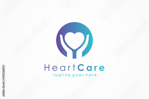 Abstract Health Care Logo. Blue Gradient Circle Shape with Negative Space Heart Icon and Two Hands Symbol inside. Flat Vector Logo Design Template Element.