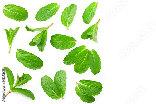 Fresh mint leaves isolated on white background. top view © Eywa