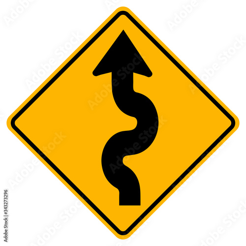 Warning signs Winding road, first bend to left on white background