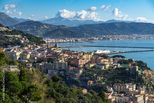 Panoramic view of the Gulf of Salerno with Vietri town in the foreground and Salerno port in the background, Campania, Italy