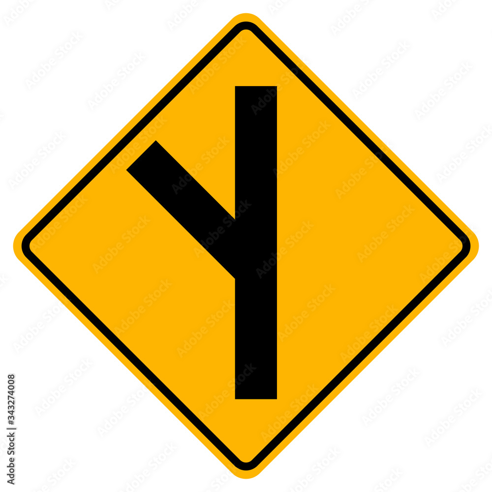 Warning signs Skewed side road junction on left on white background Warning signs Skewed side road junction on left on white background