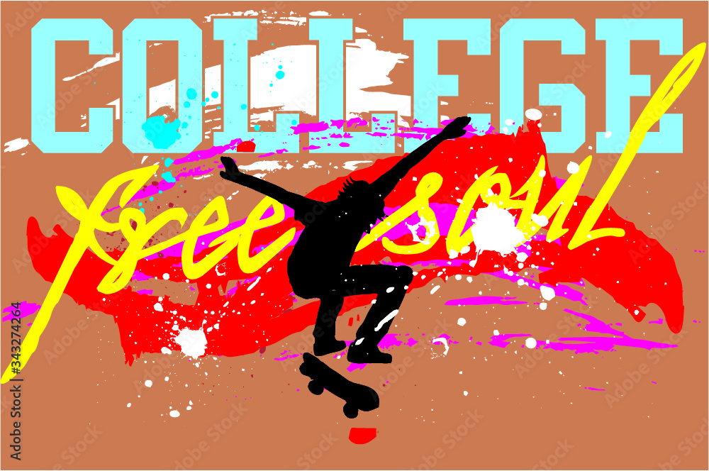 Skateboard college sports print and embroidery graphic design vector art