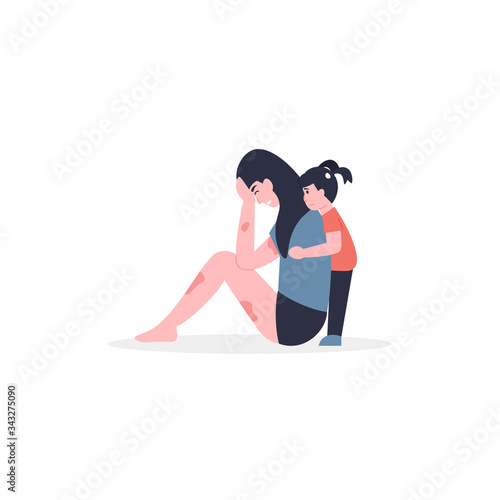 Domestic violence, the child comforting upset mom. Daughter hugs sad mother. Flat vector modern cartoon illustration.