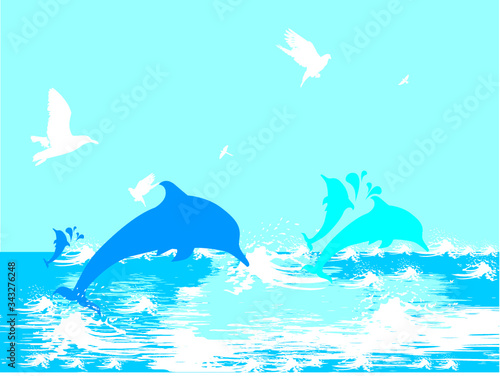 dolphin swimming in the sea themed t-shirt print graphic design vector art