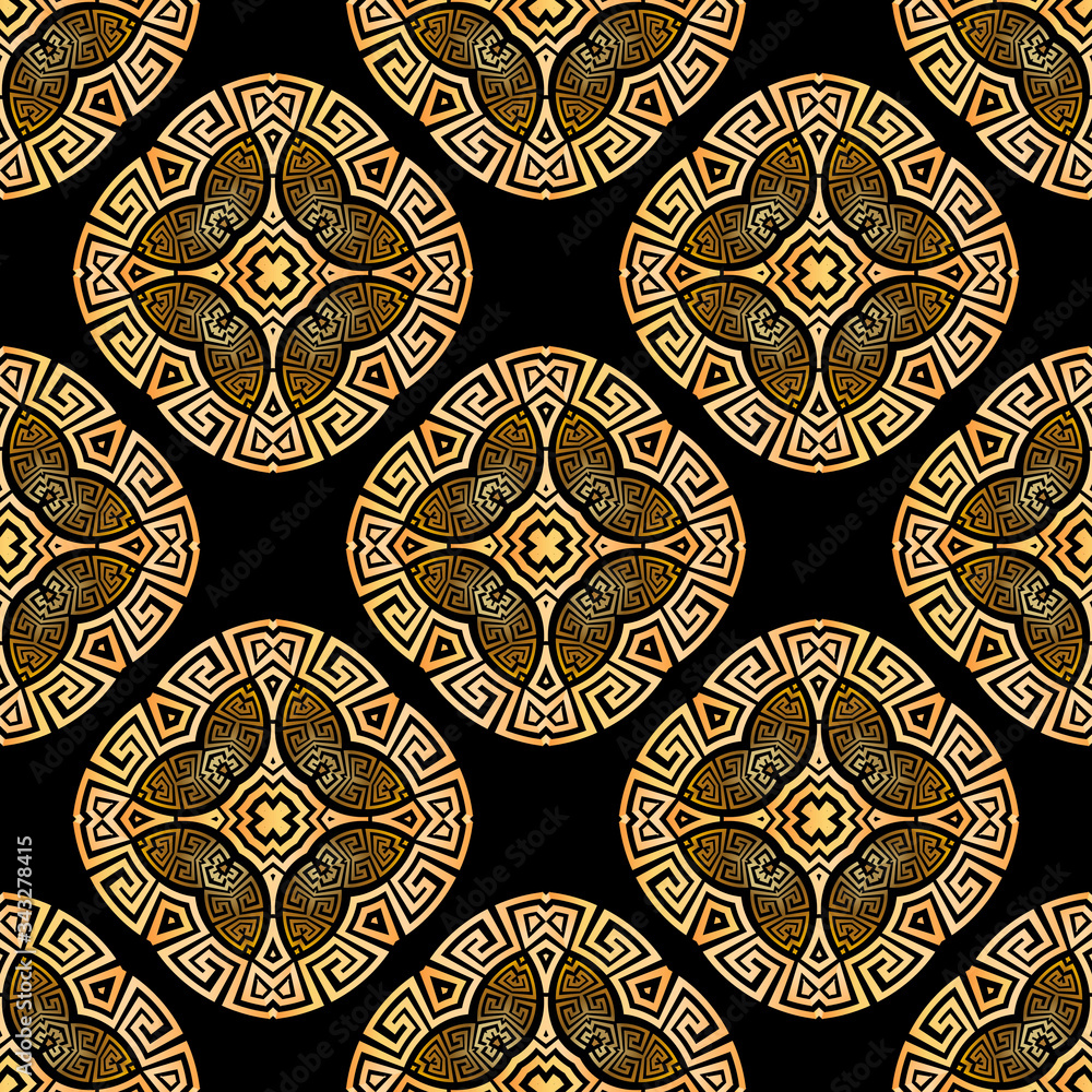 Greek vector seamless pattern. Ornamental geometric ethnic tribal style colorful background. Repeat abstract floral backdrop. Geometric modern greek key meanders ornaments. Beautiful flowers, shapes