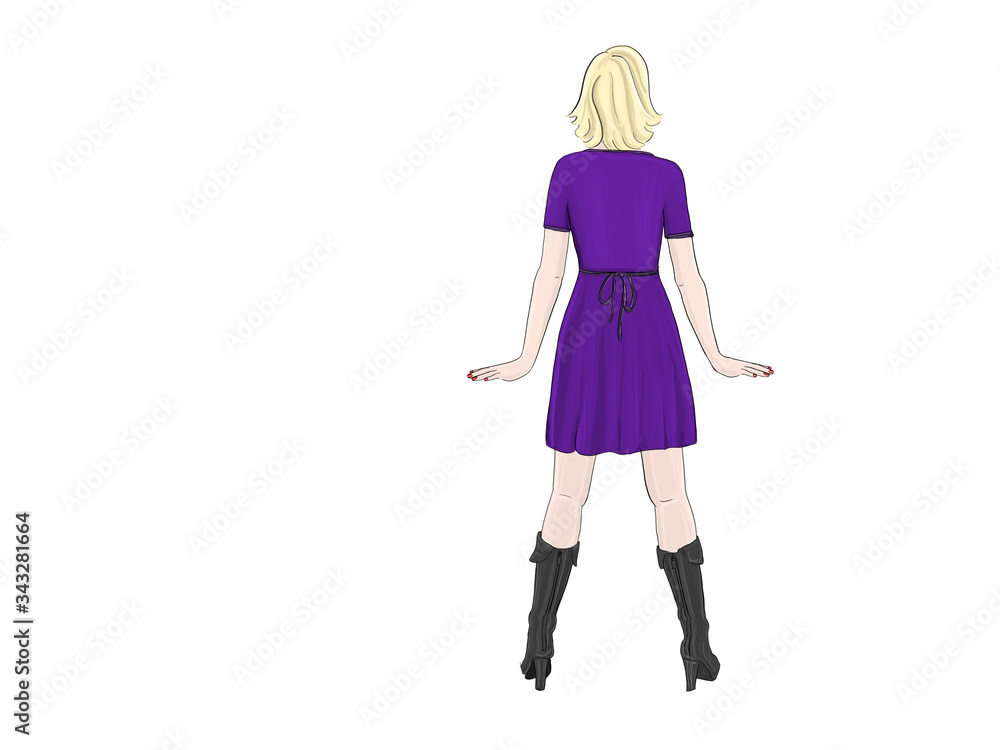 Cute hand drawn illustration of fashion girl with short blond hair. Jewel tone color. Amethyst purple. View from behind of the girl wearing high heels. Cute hand drawn illustration of fashion girl with short blond hair. Jewel tone color. Amethyst purple. View from behind of the girl wearing high heels.