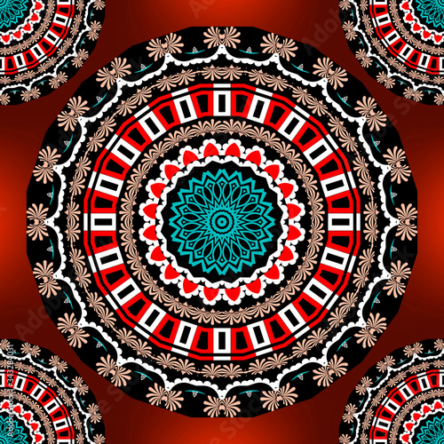 Colorful greek mandalas seamless pattern. Ornamental floral vector red background. Modern abstract greek key meander round ornaments. Bohemian mandalas. Ornate repeat ethnic tribal style design