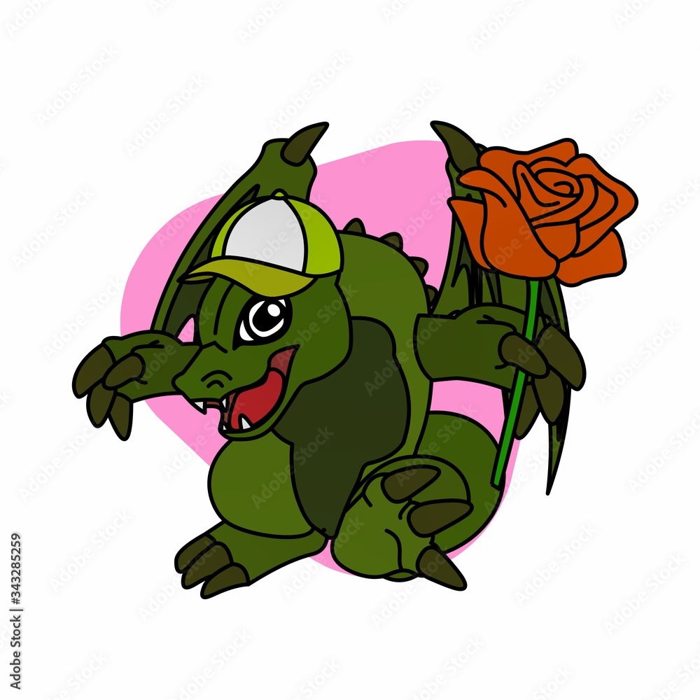 Fototapeta premium Illustration of Green Dragon wearing a Hat and Carrying Roses Cartoon, Cute Funny Character, Flat Design