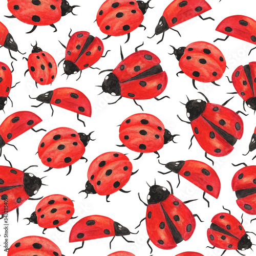 seamless pattern, watercolor illustration, red beetle drawings, ladybugs, wallpaper ornament, wrapping paper, scrapbooking