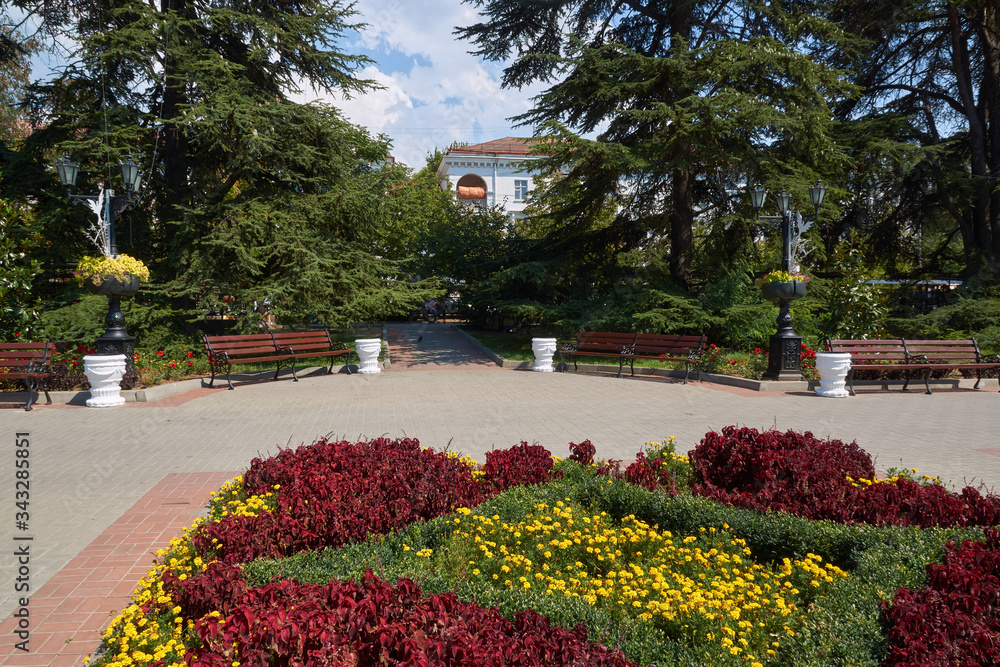 Shady alley in a city park, Sevastopol. Flower beds and benches for relaxation.