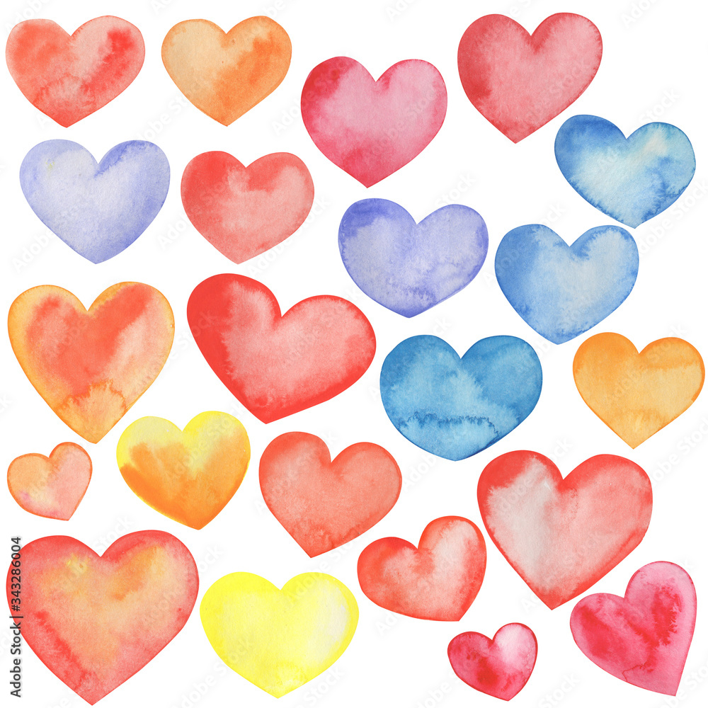 Watercolor illustration, set of multicolored hearts, isolate on a white background, elements for decoration of wedding invitations, greetings and cards