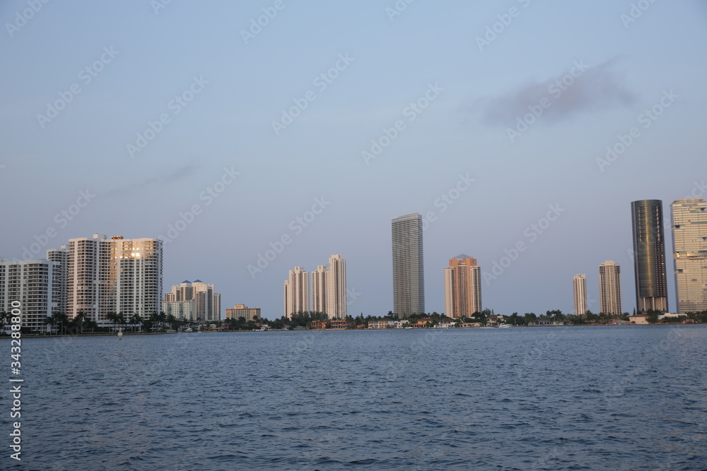 miami skyline with skyscrapers on the water