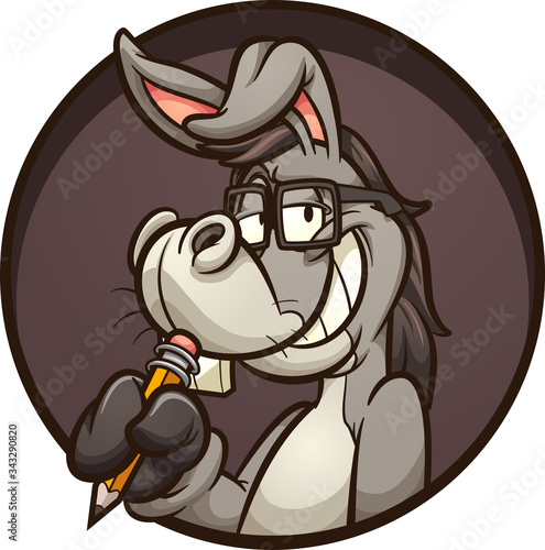 Smart cartoon donkey holding a pencil and wearing glasses. Vector clip art illustration with simple gradients. All on a single layer.
