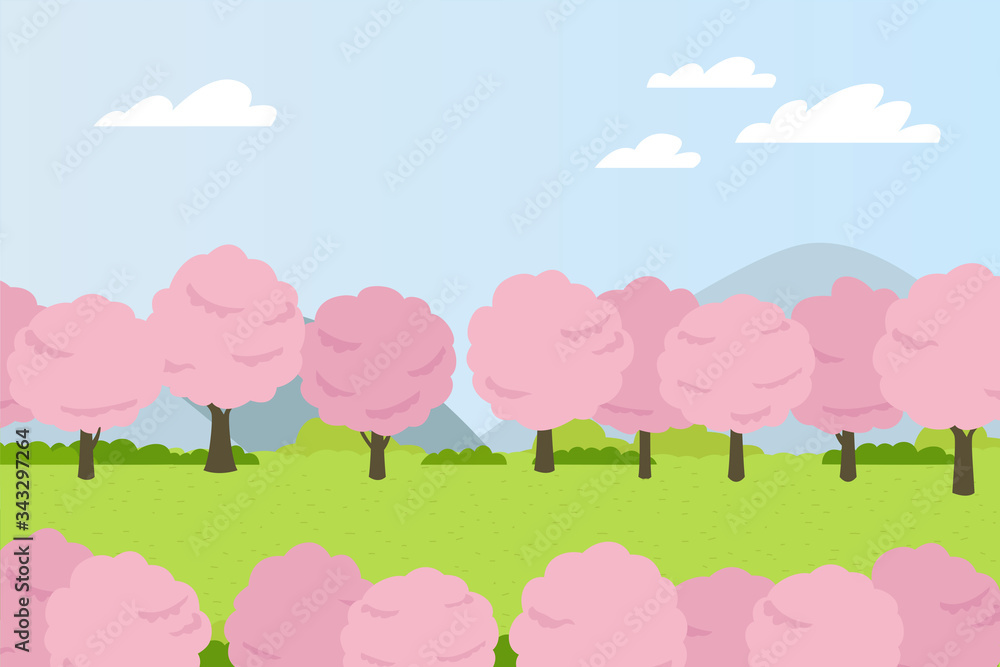Illustration of a spring landscape with pink flower trees.