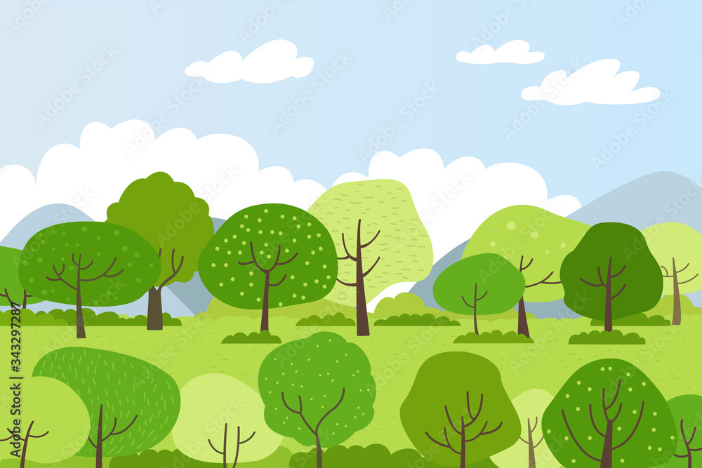 Illustration of a spring landscape with green trees.