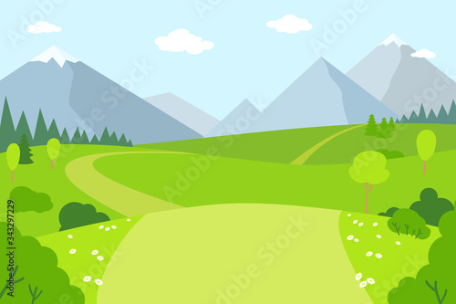 Mountain landscape flat cartoon style. Summer scenery outdoor activities. Park, green grass outdoor mountains rural scenery. Beautiful meadow vector illustration.