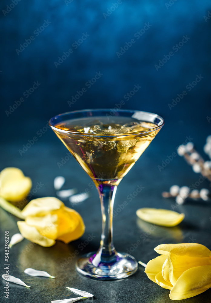 Fresh alcoholic cocktail with ice in martini glass on dark blue background. Summer cold drink and cocktail