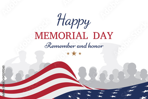 Happy Memorial Day. Greeting card with USA flag and silhouette soldiers on white background. National American holiday event. Flat vector illustration EPS10