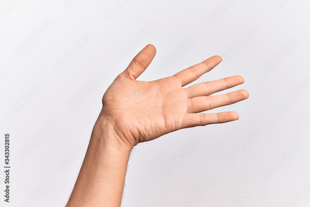 Hand of caucasian young man showing fingers over isolated white background presenting with open palm, reaching for support and help, assistance gesture