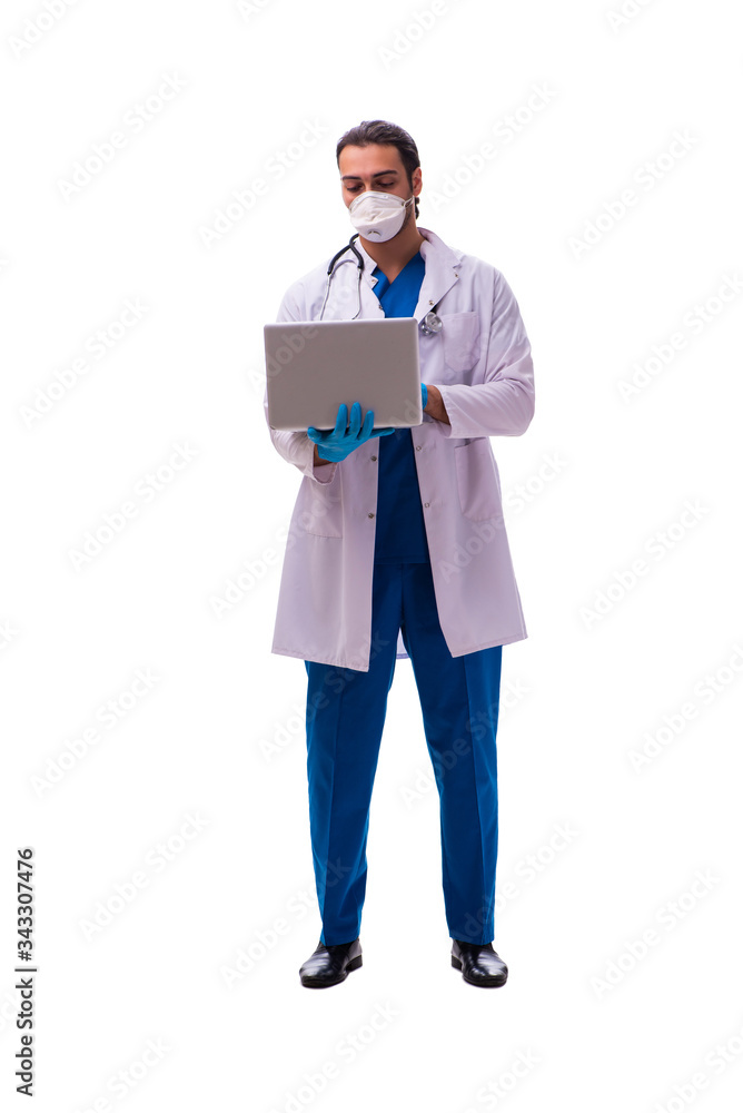 Young male medic in coronavirus concept isolated on white Young male medic in coronavirus concept isolated on white
