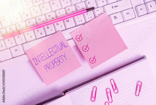 Handwriting text Intellectual Property. Conceptual photo Protect from Unauthorized use Patented work or Idea Flat lay above blank copy space sticky notes with business concept