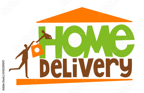 Home delivery typography with delivery man bringing food or groceries to man in a house because of coronavirus pandemic and quarantine. Logo or icon design.