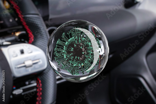 3D rendering. Сlose-up of the Covid-2019 virus on a car panel background. Pandemic medical Coronavirus concept with car. The impact of coronavirus on the automotive industry in the world