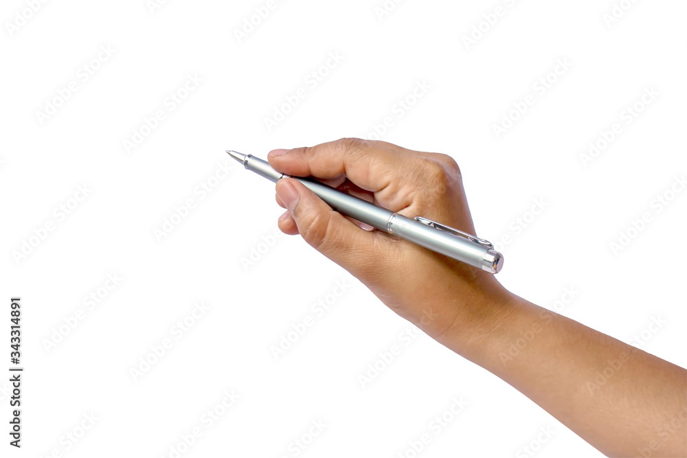 Close-up of a woman's hand holding a pen and writing gesture on a white background with the clipping path. Close-up of a woman's hand holding a pen and writing gesture on a white background with the clipping path.