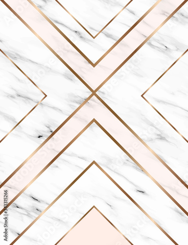 Vector marble background with gold geometric shapes.