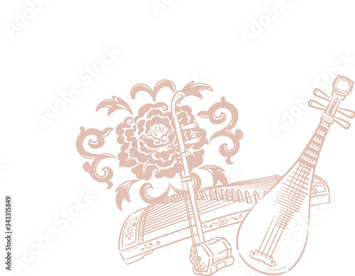 Music themed background with chinese musical instruments and peony flower.