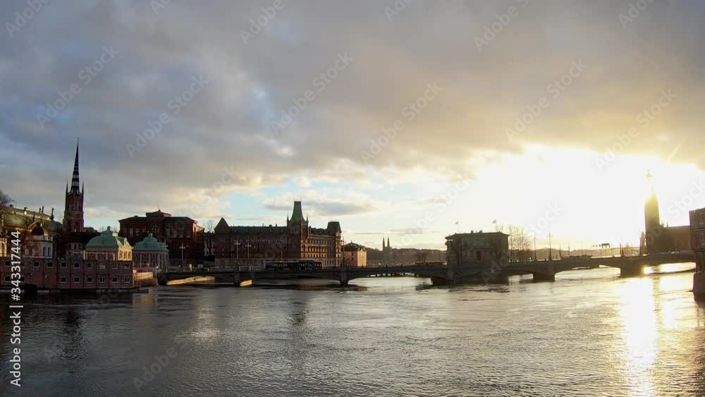Soderstrom River and Silhouette of Bridge and City Skyline. Stockholm, Sweden. Soderstrom River and Silhouette of Bridge and City Skyline. Stockholm, Sweden.