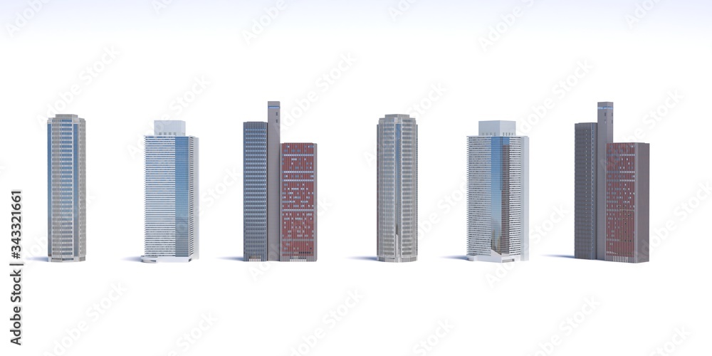 Set of different skyscraper buildings isolated on white. 3d illustration
