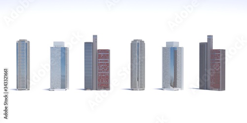 Set of different skyscraper buildings isolated on white. 3d illustration