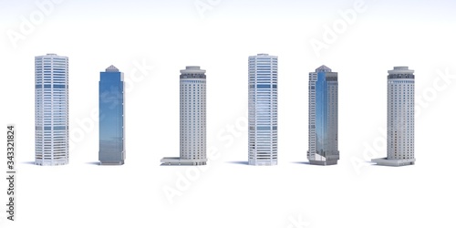Set of different skyscraper buildings isolated on white. 3d illustration