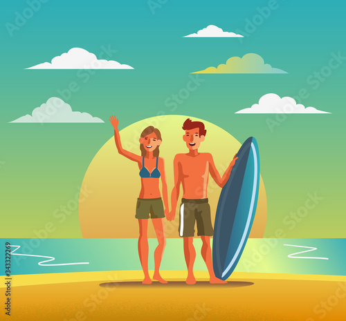 Smiling, happy, young couple with surfboard on beach. Travel, vacation, holidays and adventure vector concept illustration. Beach sunset background. Poster design style