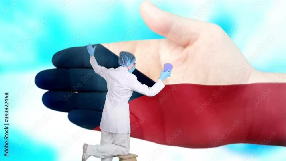 Nurse in medical mask and gloves washes large hand, painted in colors of Czech Republic flag. State care for nation health. Wash your hands concept. Viruses protection. Diseases prevention. Nurse in medical mask and gloves washes large hand, painted in colors of Czech Republic flag. State care for nation health. Wash your hands concept. Viruses protection. Diseases prevention.