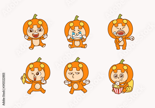Fototapeta Naklejka Na Ścianę i Meble -  cute flat style pumpkin vector character illustration with different facial expression used for emoticon