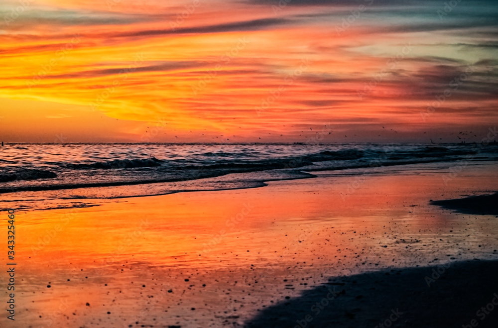 sunset on the beach, sea, sky, orange, turquoise, ocean, reflection, waves, clouds, shore, sand, evening