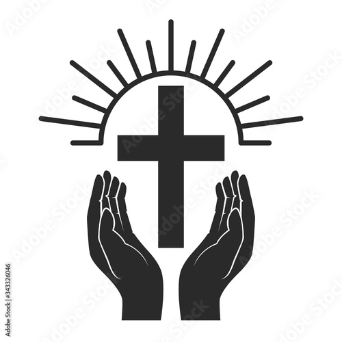 Hands with shining holy cross. Design element for logo, label, emblem, sign, badge. Vector illustration