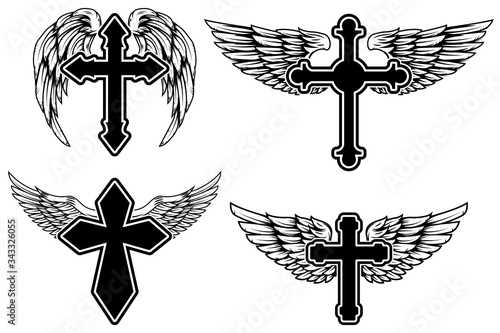 Set of illustrations of winged christian religious crosses. Design element for infographic, emblem, sign, poster, car, banner. Vector illustration