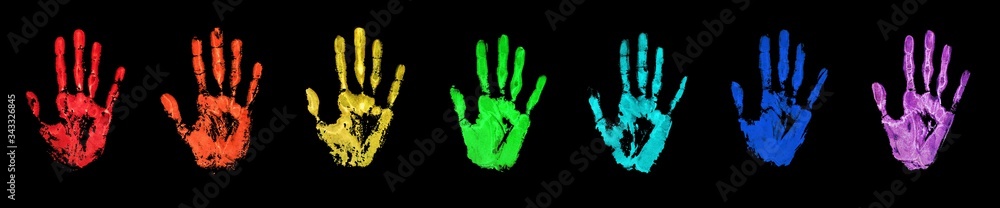 Rainbow color human hand print set black background isolated closeup, colorful watercolor drawn handprint illustration collection, palm and fingers silhouette, hand shape painted stamp, imprints group Rainbow color human hand print set black background isolated closeup, colorful watercolor drawn handprint illustration collection, palm and fingers silhouette, hand shape painted stamp, imprints group