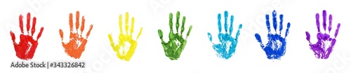 Rainbow color human hand print set white background isolated closeup, colorful watercolor drawn handprint illustration collection, palm and fingers silhouette, hand shape painted stamp, imprints group