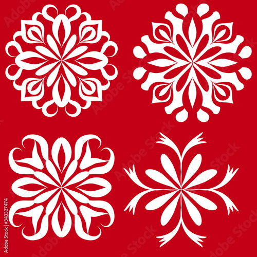 white color flowers mandalas design set on red background.vector art.
