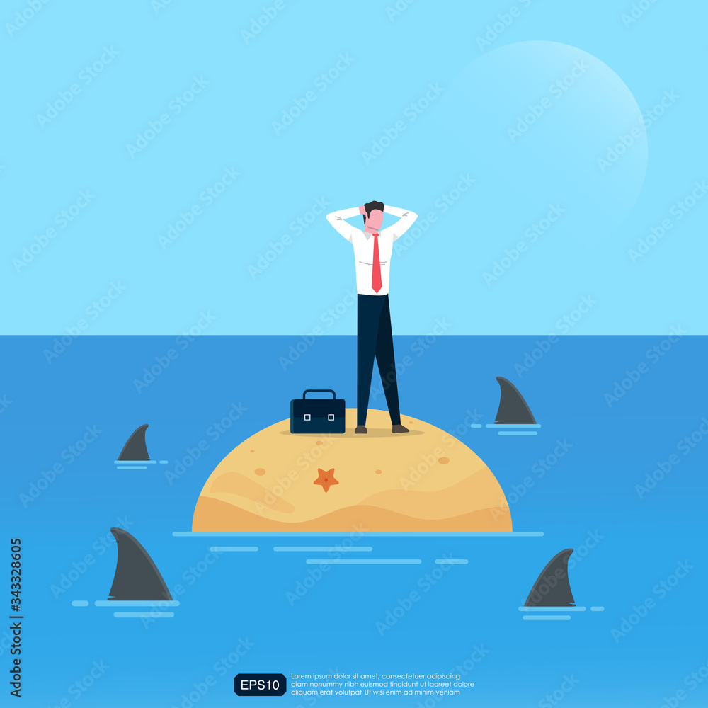 Worried businessman concept design. Man character standing on small island in the ocean and surrounded by sharks. Metaphor vector illustration Worried businessman concept design. Man character standing on small island in the ocean and surrounded by sharks. Metaphor vector illustration
